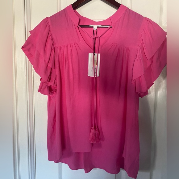 A Loves A Women Pink Tasseled Ruffle Layered Short Sleeve V-Neck Top Blouse L - Picture 12 of 15